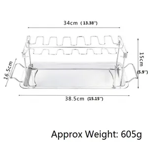 Stainless steel chicken leg roasting rack detail showing 38.5cm dimensions and weight