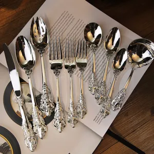 Vintage Royal European Silver Plated Embossed Cutlery Set Stainless Steel Zinc Alloy Dinner Knife Fork Spoon Dessert Tool
