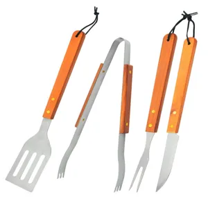 4-piece BBQ grilling tool set with wooden handles featuring spatula, tongs, meat fork and knife
