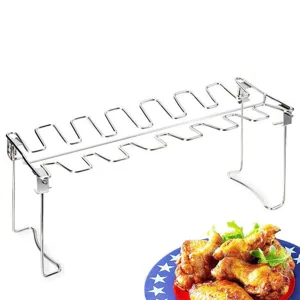 Stainless steel folding chicken leg rack shown with a plate of cooked chicken legs.