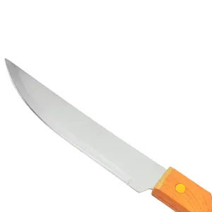 Close-up detail of a sharp stainless steel BBQ meat carving knife with natural wood handle