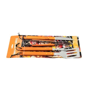 Professional 4-piece BBQ grill tool set with stainless steel heads and wooden handles