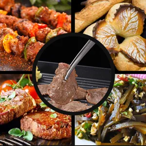 Close-up of precision stainless steel food tweezers picking up cooked meat in various BBQ scenes