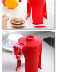 Detail view of red inverted soda dispenser and pouring mechanism into a glass cup