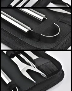 Nahaufnahme von Grillwerkzeugen aus Edelstahl in einer tragbaren schwarzen Tasche
