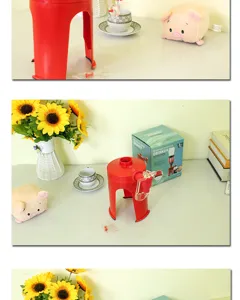 Portable red plastic inverted beverage dispenser for soda and mineral water bottles.