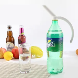 White plastic beverage handle attached to a soda bottle for easy pouring and dispensing.