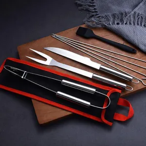 8-piece stainless steel BBQ tool set with storage bag for outdoor grilling