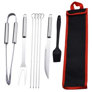 8-piece stainless steel BBQ tool set with silicone brush and portable storage bag
