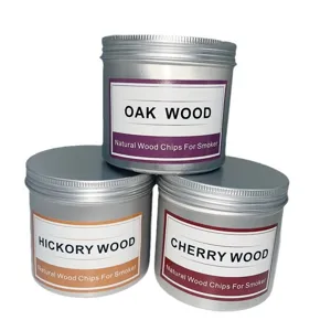 Virutas de madera natural para ahumador con madera de roble nogal y cerezo en latas de metal