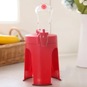 Close-up detail of a red portable inverted soda drink dispenser with clear plastic press lever