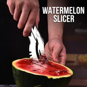 Close-up showing a stainless steel manual slicer tool cutting into a fresh red watermelon