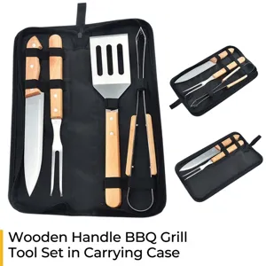 Professional BBQ grill tool set with wooden handles and portable black fabric storage bag