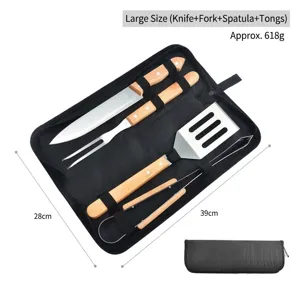 4-piece stainless steel BBQ grill tool set with wood handles and portable storage bag