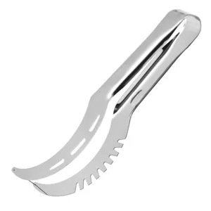 Detail of stainless steel watermelon slicer cutter with serrated edge and slotted blade