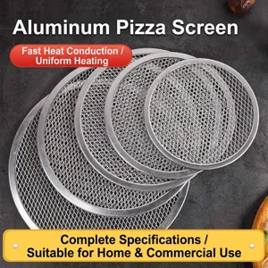 Professional round aluminum pizza mesh screens in multiple sizes for even heat distribution.