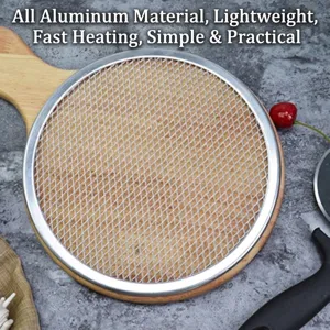Detail shot of round aluminum pizza mesh screen on wooden board