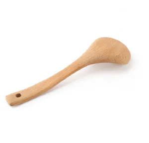 Close-up of natural original wood soup spoon with ergonomic curved handle and smooth grain