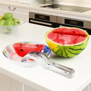 Detailed view of a stainless steel watermelon slicer tool used on a modern kitchen counter