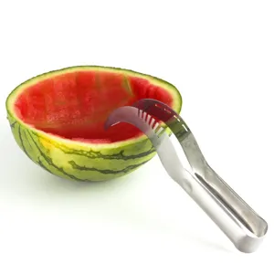Detail view of a stainless steel watermelon slicer and server tool for fresh fruit.