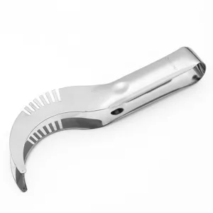 Close-up of a premium stainless steel watermelon slicer cutter tool with a polished finish