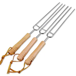 Stainless Steel BBQ Grilling Fork U Shaped Wooden Handle Outdoor Camping Skewer Metal Meat Roasting Stick Tool