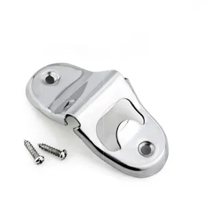 Close-up of a wall-mounted stainless steel bottle opener with two mounting screws.