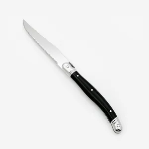 High-quality Laguiole style steak knife with black resin handle and serrated blade
