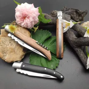 Klassiek Laguiole vouwmes met houten handvat en geïntegreerde kurkentrekker detail