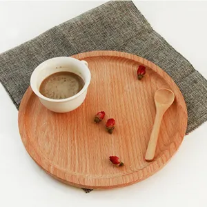 Bandeja redonda de madera de haya para café y snacks con veteado natural de madera