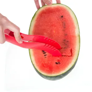 Detailansicht eines rosa Wassermelonenschneiders aus Kunststoff beim Schneiden