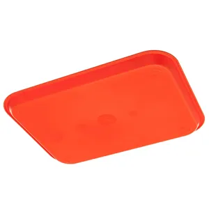 Orange plastic tray bottom detail, durable rectangular serving tray, canteen table wear.