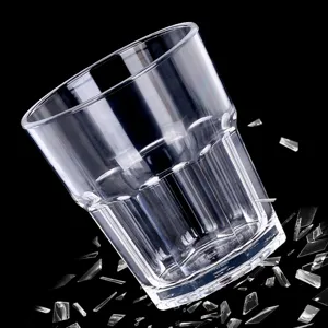 Close-up of a transparent acrylic octagonal water cup with a shatterproof visual effect