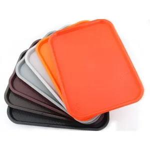 Rectangular plastic serving tray stack in assorted colors for restaurant cafe and home use