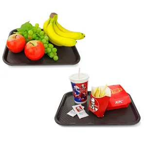 Detail view of rectangular plastic fast food serving tray with non-slip texture for canteen use.