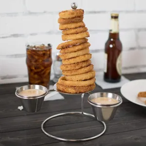 Creative stainless steel onion ring tower stand with dual dipping sauce cups for bars