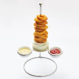 Creative stainless steel onion ring tower rack with two integrated dipping sauce bowls