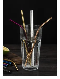 Nahaufnahme von bunten 304 Edelstahl Strohhalmen in einem Glas Sprudelwasser