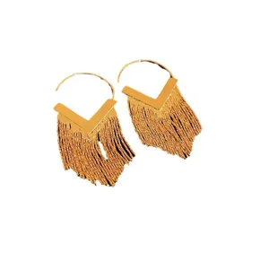 Detailed macro view of stylish golden V-shaped tassel earrings on white background