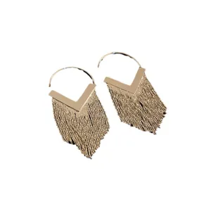 Elegant gold long tassel drop earrings featuring a minimalist V-shaped metal design