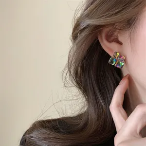 Rainbow crystal square stud earrings with iridescent geometric 3D design for women