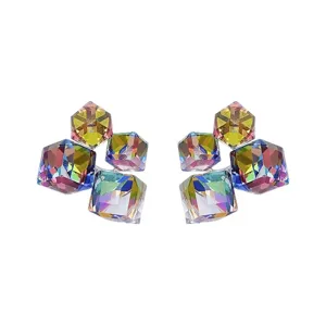Elegant iridescent crystal cube stud earrings featuring multi-faceted rainbow reflections