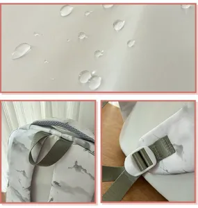 Close-up of waterproof fabric and buckle on landscape print backpack for students