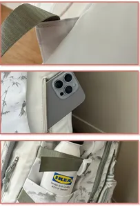 Detail shots of stylish Japanese style student backpack with reinforced straps and pocket