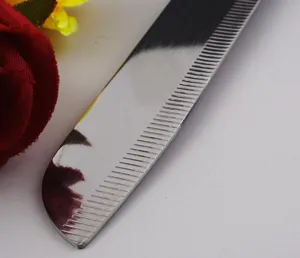 Macro view of a sharp serrated stainless steel blade for cutting cakes and bread