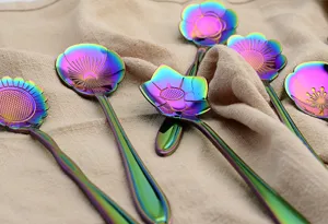 Colorful stainless steel flower shaped coffee spoon rainbow plated teaspoon set.
