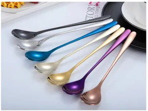Cuchara de acero inoxidable con mango largo colorida para café postre cocina 7pcs