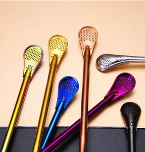 Colorful 304 stainless steel filter straw spoons set for tea and coffee stirrers
