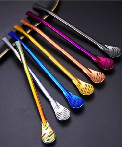 Detail of multi-colored 304 stainless steel bombilla straws for tea and coffee