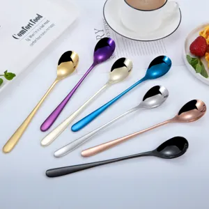 Set de cucharas largas de acero inoxidable, cucharas de postre y café de colores.